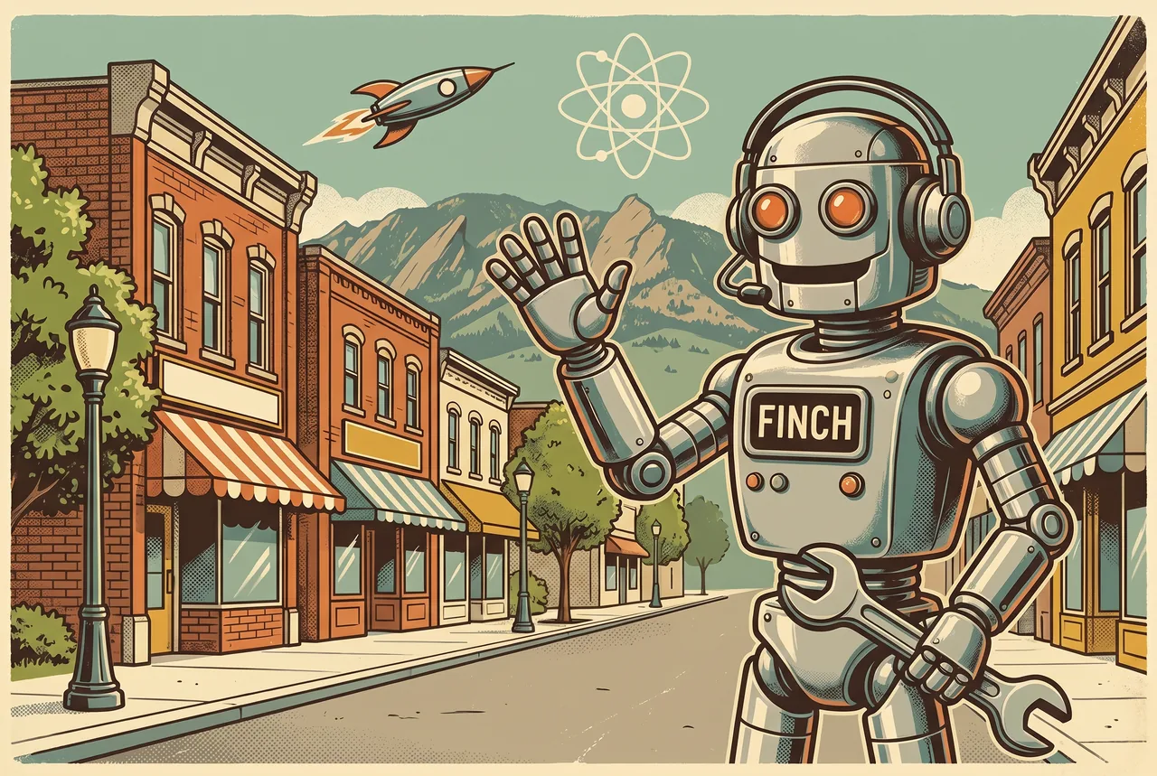Finch the robot waving on Littleton's historic Main Street, the foothills rising behind