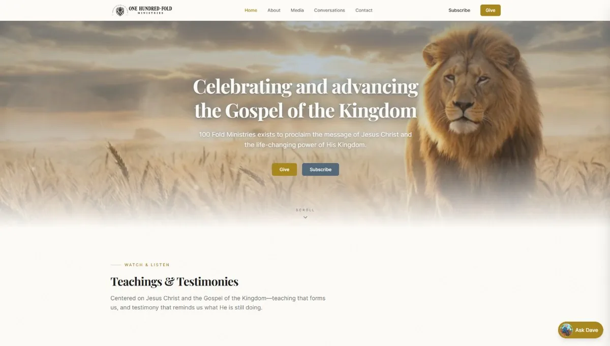 100 Fold Ministries website homepage